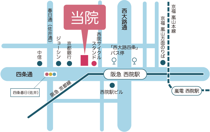 西院駅前おおの耳鼻咽喉科 〒615-0014 京都市右京区西院巽町40番地3西院やちビル1階